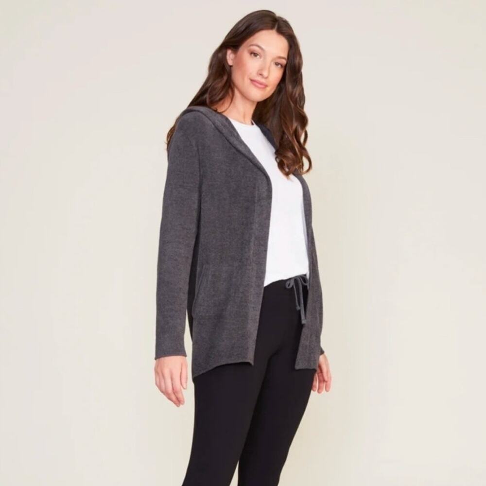 Barefoot Dreams CozyChic Lite Hooded Open Cardigan Carbon Gray Small - Picture 2 of 11